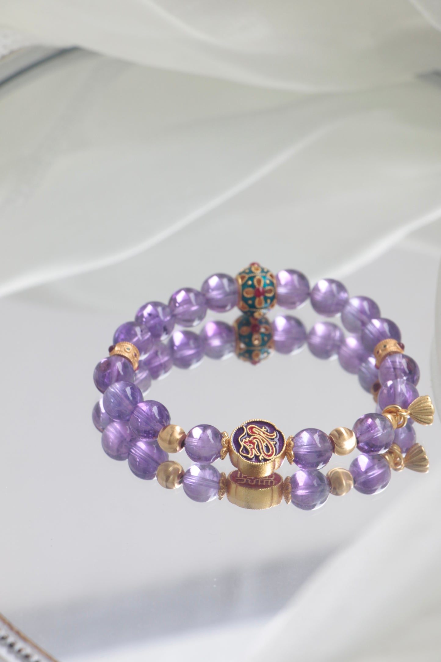 purple amethyst bracelet with dragon cloisonné bead for zodiac luck and power