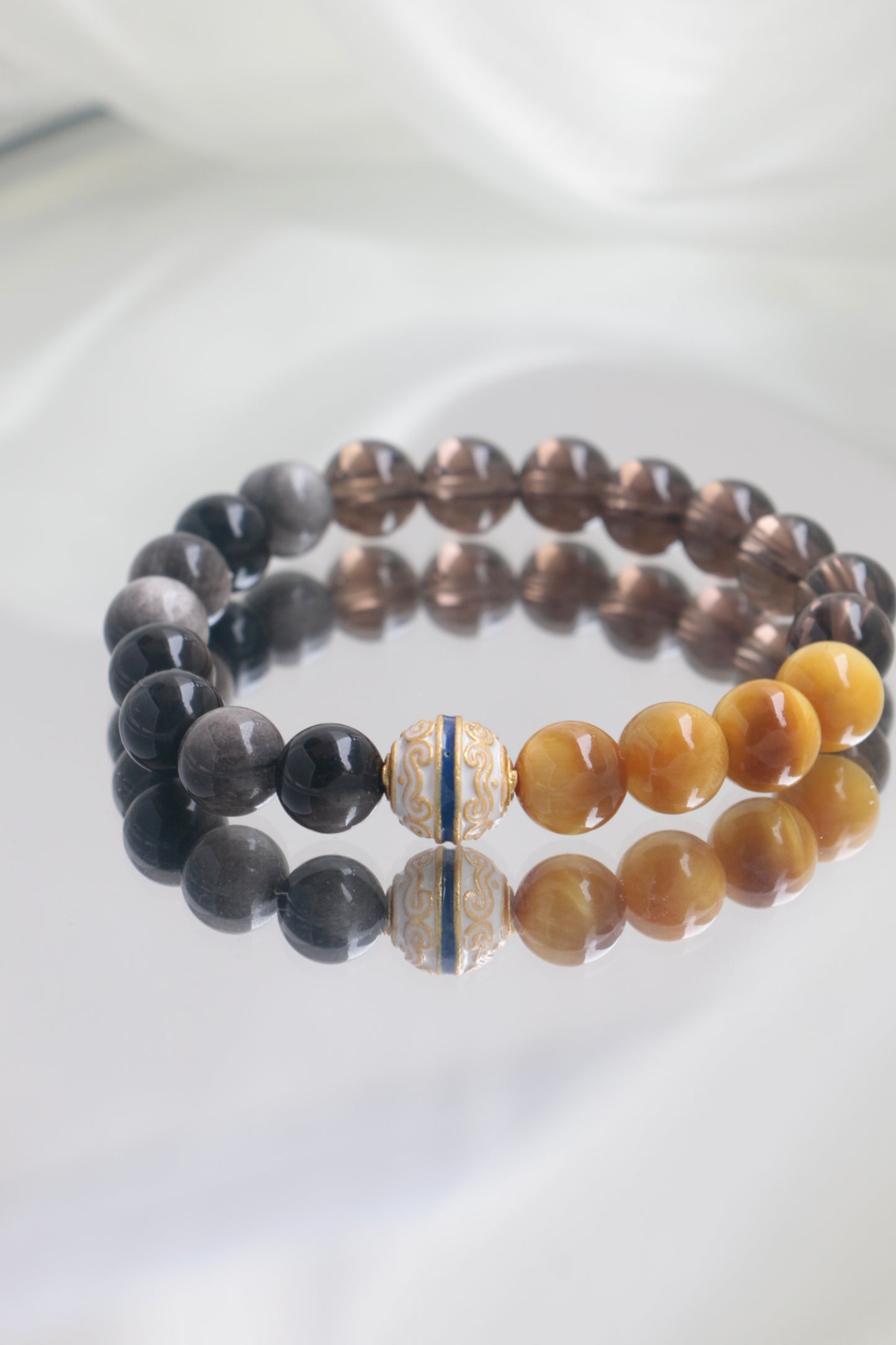 Golden Tiger Eye Cloisonné Obsidian Tea Stone Bracelet