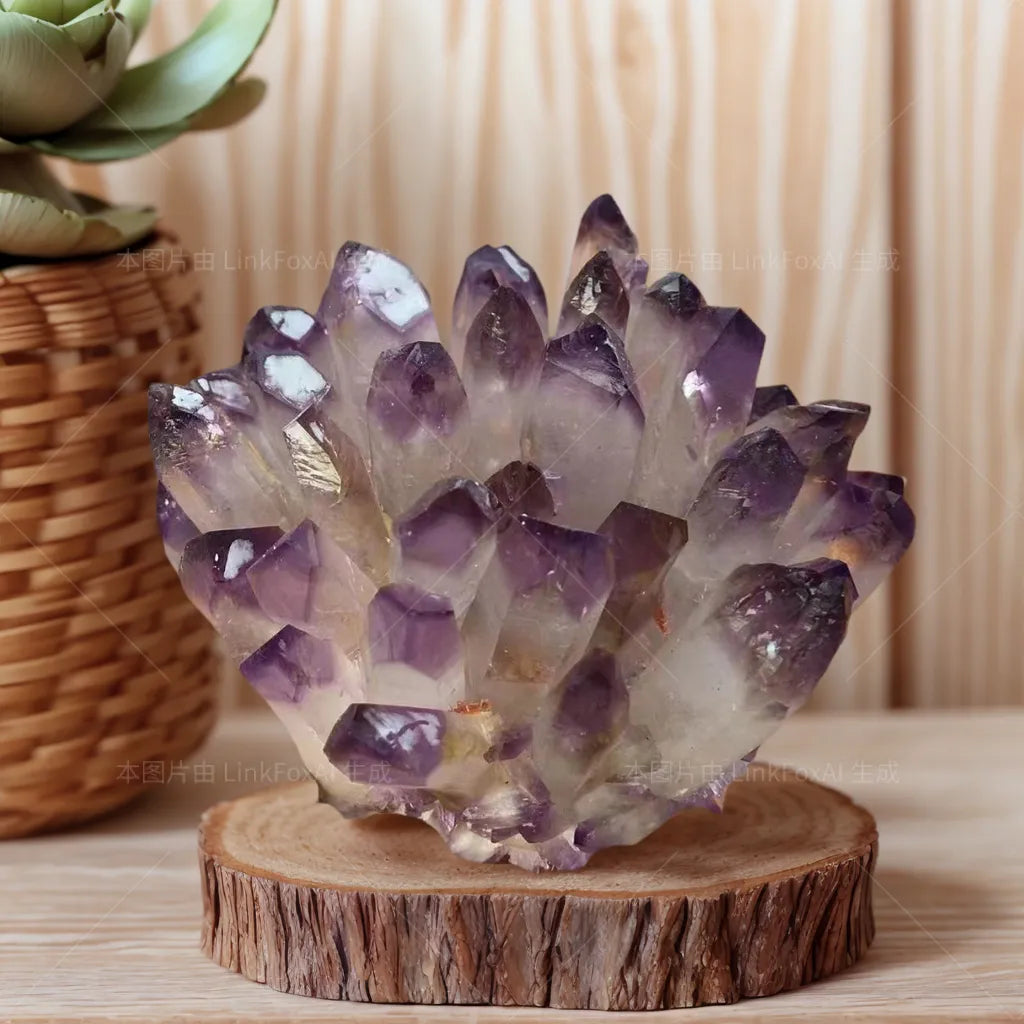 Natural purple amethyst cluster glowing under UV light on wooden stand