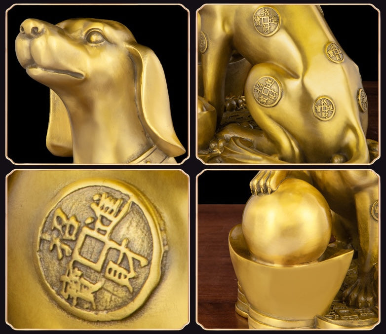 Antique bronze guardian dog statue on wooden desk with gold collar detailing