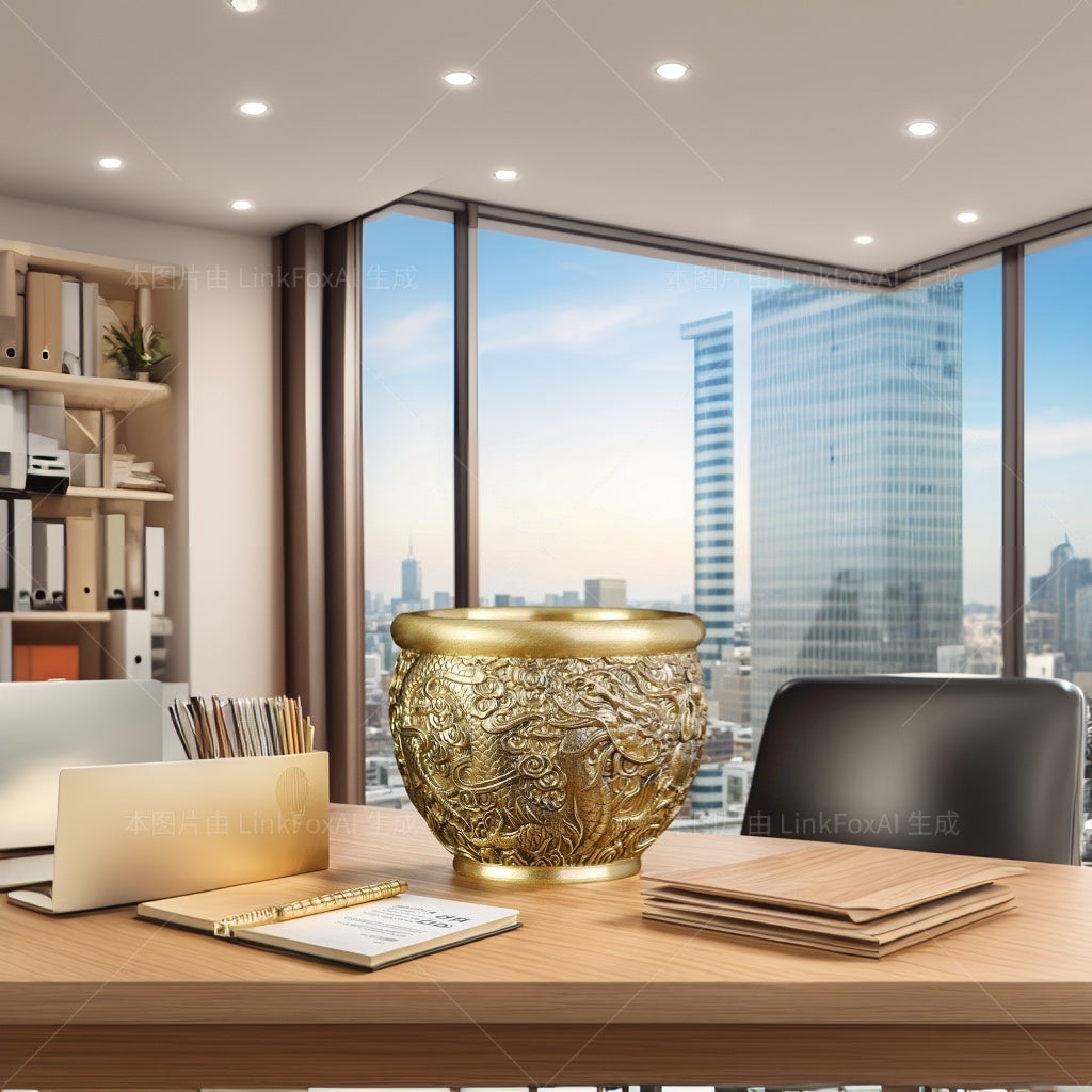 Ancient Chinese dragon coiled around bronze cornucopia jar on red silk