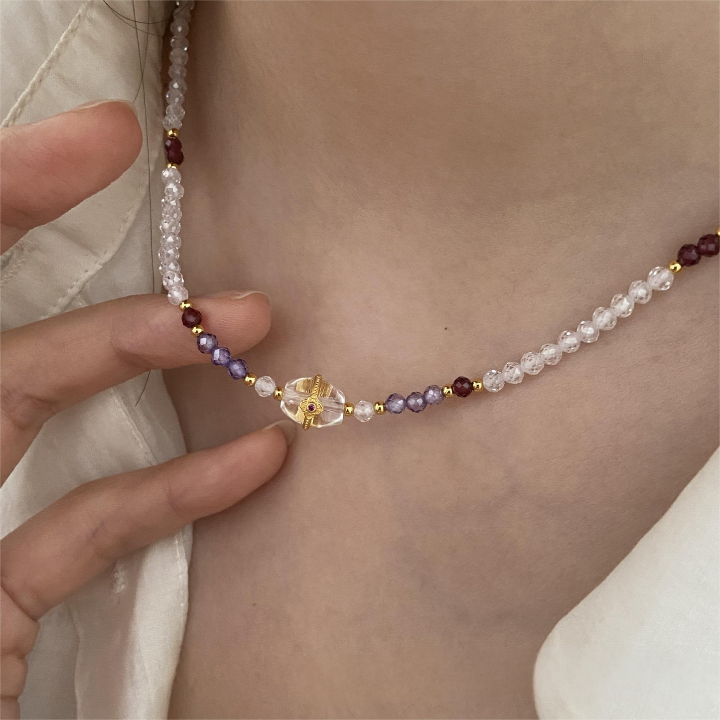 🔮Ziqi Rising Necklace – Clear Quartz, Garnet & Amethyst for Five Element Balance