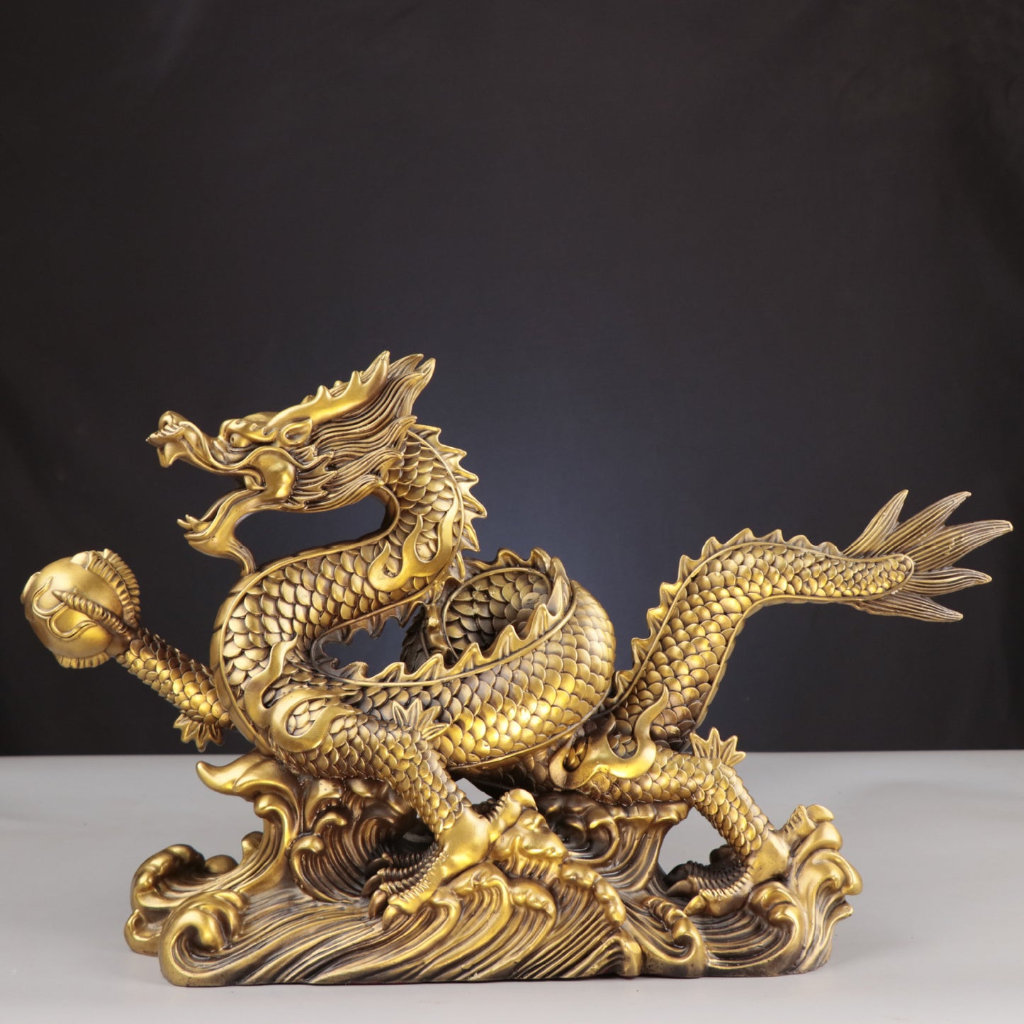 Hand-carved solid copper dragon statue for office success and authority energy