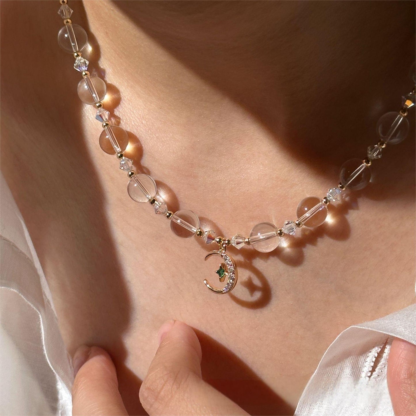 🌙Celestial Harmony Necklace – White Crystal & Sun Moon Star Pendant