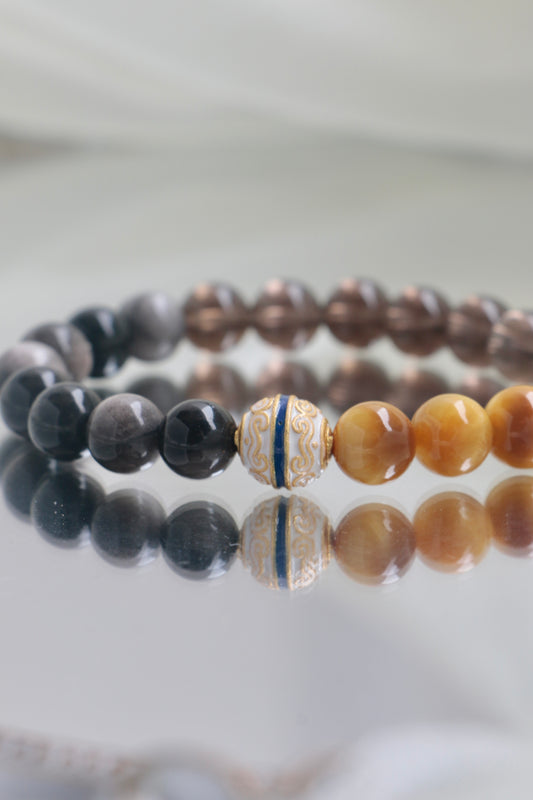 Golden Tiger Eye Cloisonné Obsidian Tea Stone Bracelet