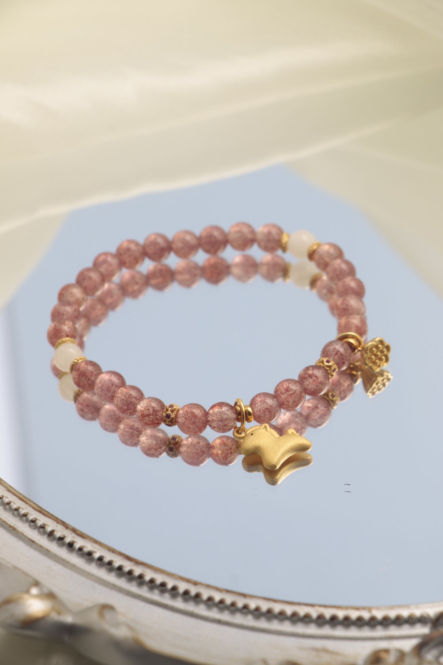 Chinese Zodiac Horse Charm Bracelet with Strawberry Quartz for Luck and Protection
Liuren Divination Jewelry to Attract Love and Noble Helpers