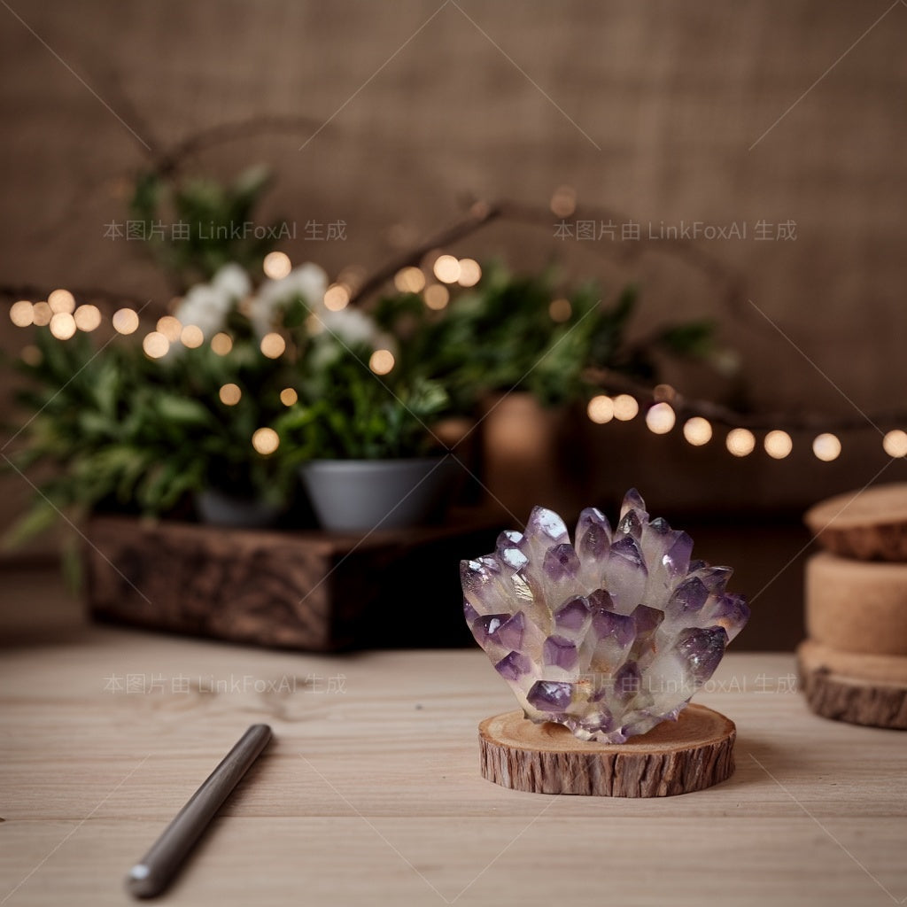 Natural purple amethyst cluster glowing under UV light on wooden stand