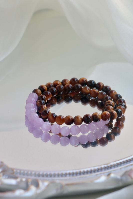 double-wrap tiger eye and lepidolite bracelet for leadership and social power