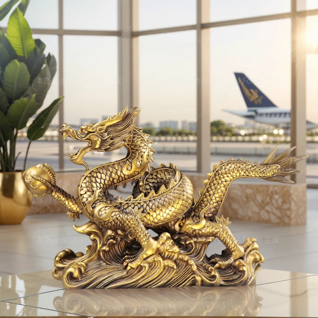 Hand-carved solid copper dragon statue for office success and authority energy